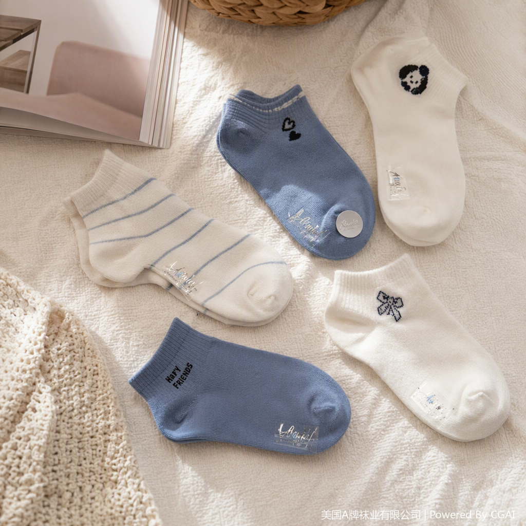 Five pairs of women's short socks with striped embroidered text, cartoon dog head heart bow pattern, casual and versatile sock set details Picture