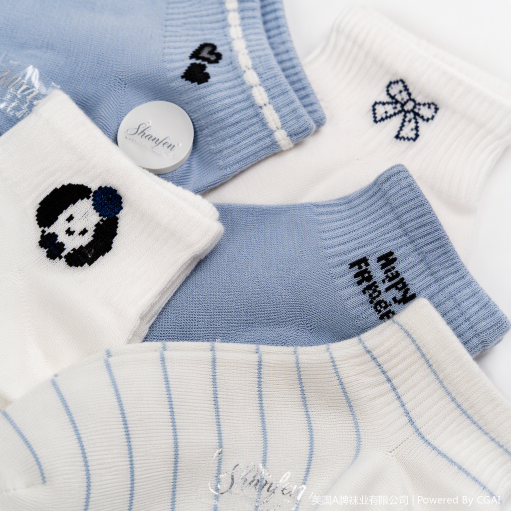 Five pairs of women's short socks with striped embroidered text, cartoon dog head heart bow pattern, casual and versatile sock set Application Scenario