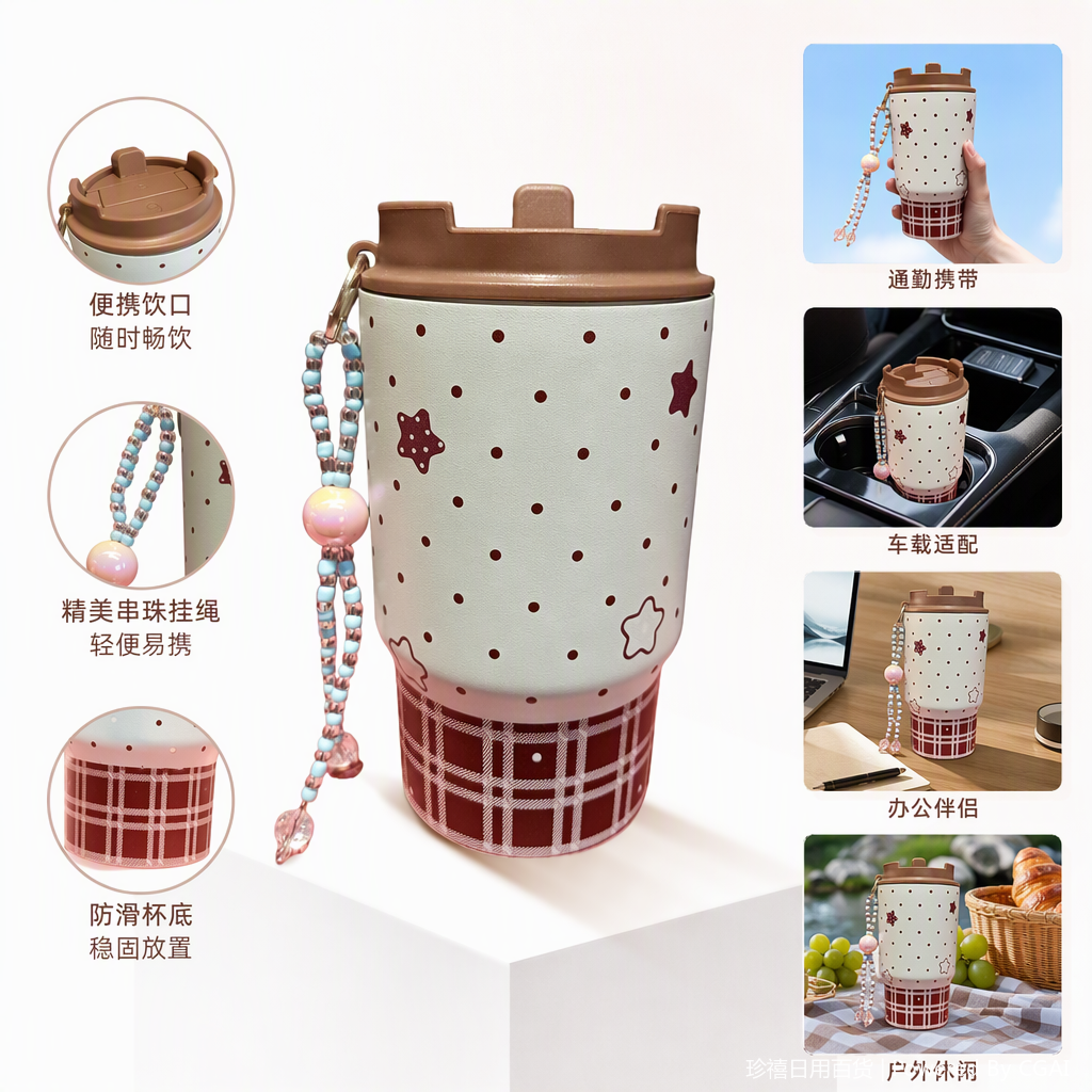 浅绿色波点星星图案保温杯格纹底座保温随手杯学生创意便携茶杯