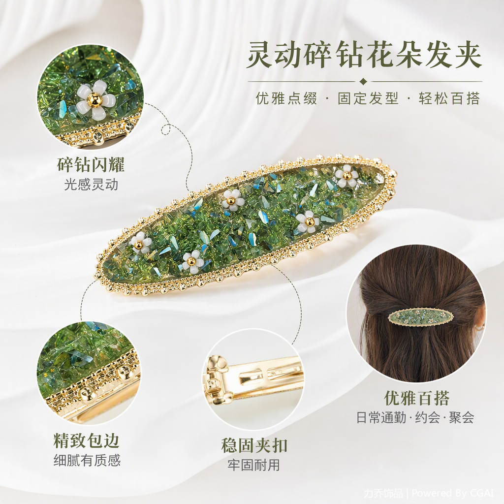 时尚金边白色小花发夹绿色水晶点缀简约优雅发饰品