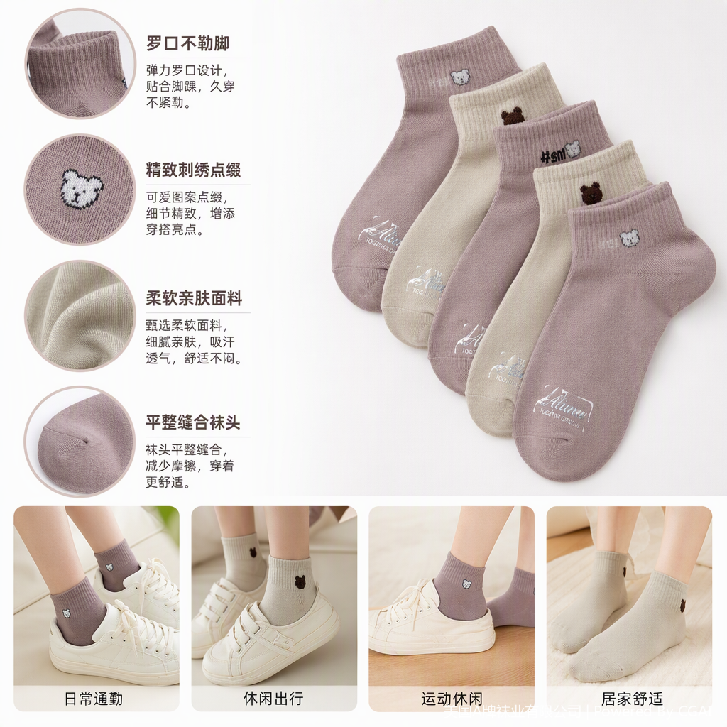 Light pink and off-white women's short socks with bear embroidery are comfortable, breathable, fashionable and versatile