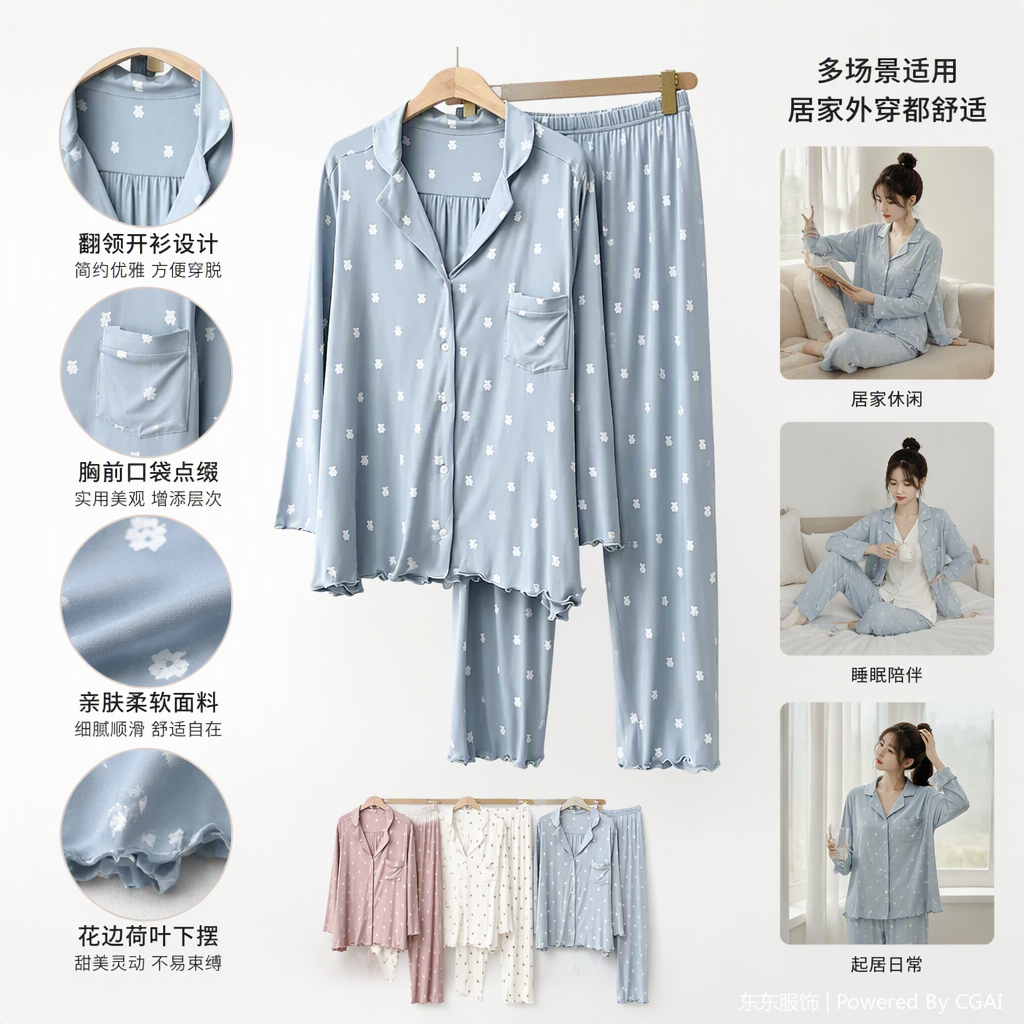 时尚印花舒适睡衣三件套家居休闲套装男女情侣款柔软透气夏季新品