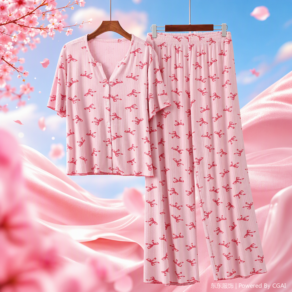 Мягкий и удобный домашний костюм с розовыми бантами для женщин с весенними и летними пижамами Specification image