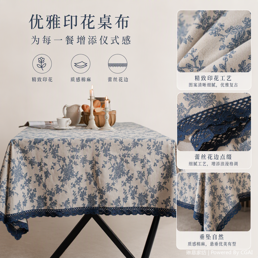Blue and white floral lace edge tablecloth, fabric tablecloth, Middle Eastern-style desktop decoration, home tablecloth