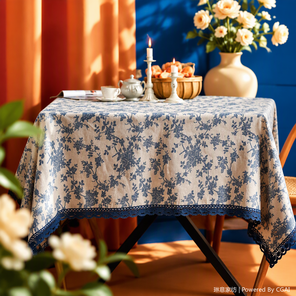 Blue and white floral lace edge tablecloth, fabric tablecloth, Middle Eastern-style desktop decoration, home tablecloth Specification image