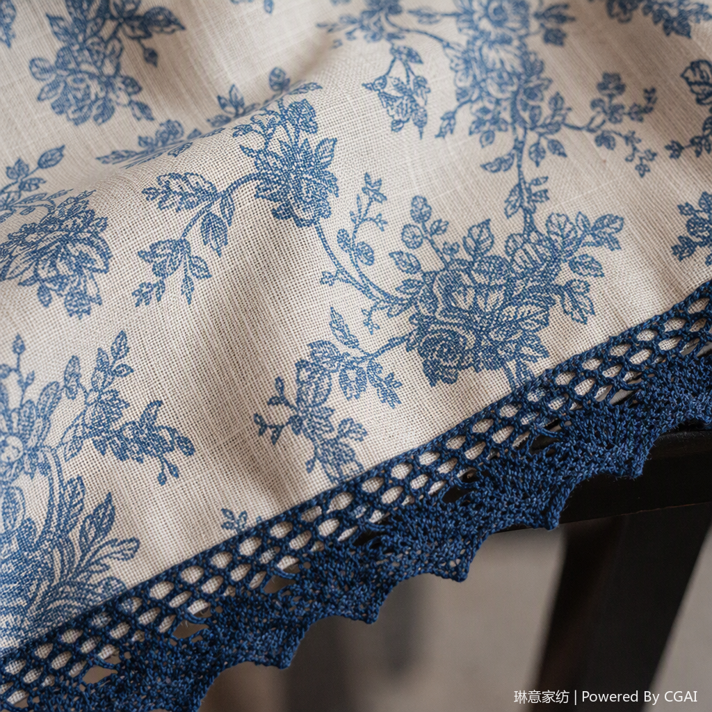 Blue and white floral lace edge tablecloth, fabric tablecloth, Middle Eastern-style desktop decoration, home tablecloth Application Scenario