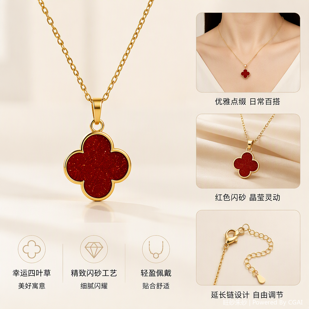 红色朱砂四叶草吊坠项链时尚百搭个性潮流女生饰品礼物送女友铜吊坠