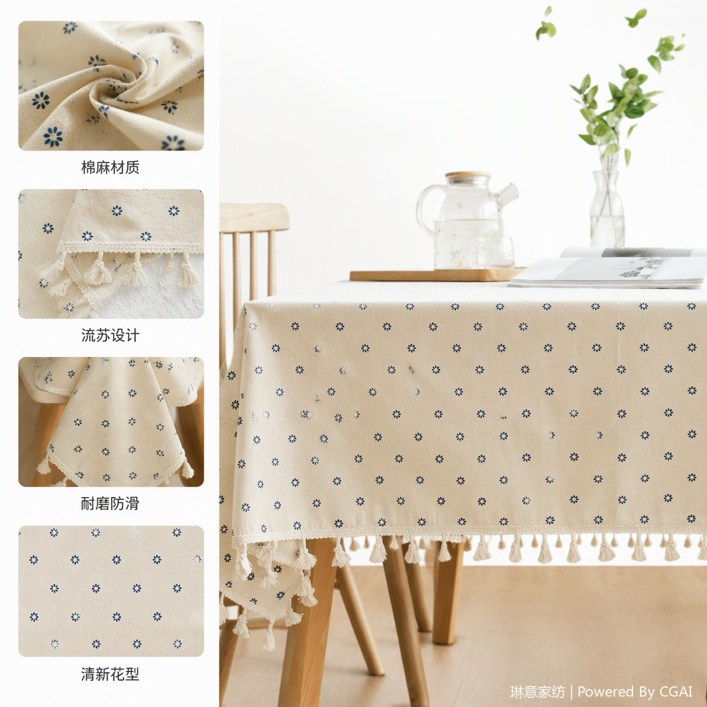 Beige small flowered tassel tablecloth, table fabric, Middle Eastern-style fabric tablecloth, tabletop decoration, stain-resistant and durable