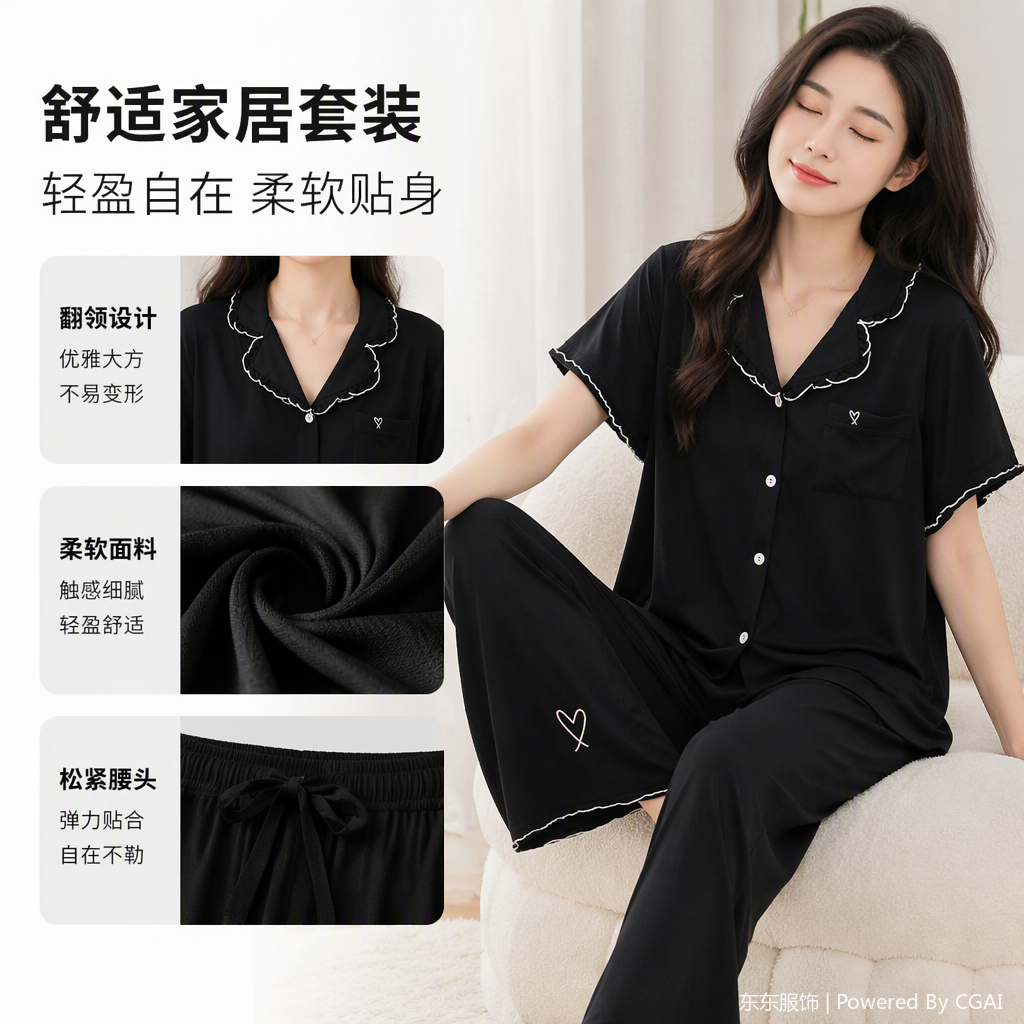 时尚舒适黑色休闲睡衣套装柔软透气家居服女秋冬款简约款式