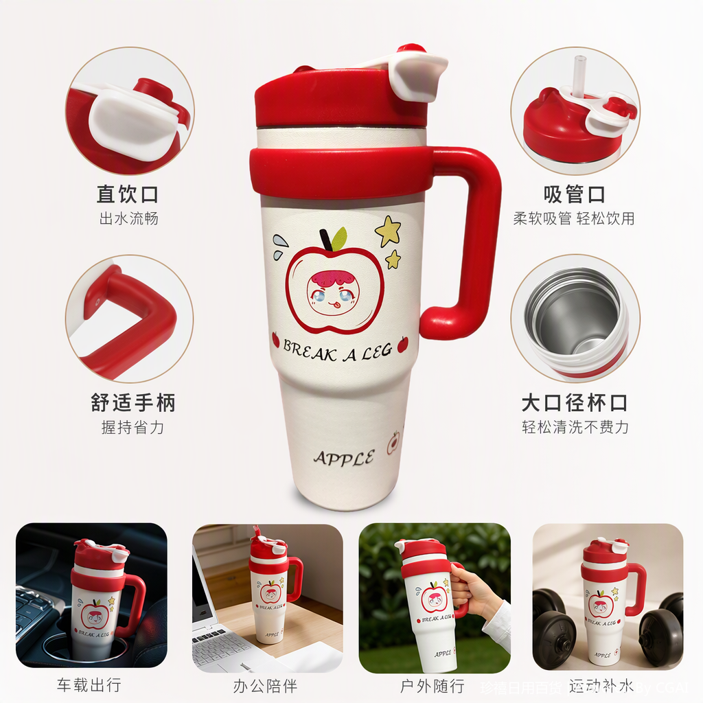 可爱苹果卡通图案保温杯红色盖子白色杯身便携保暖水杯学生成人款