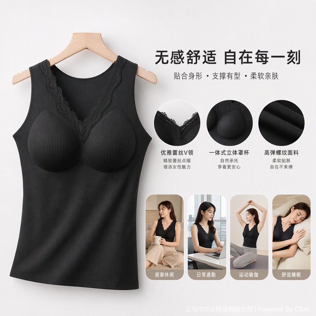 时尚黑色蕾丝边无袖背心百搭修身夏季新款女装潮流简约百搭款式