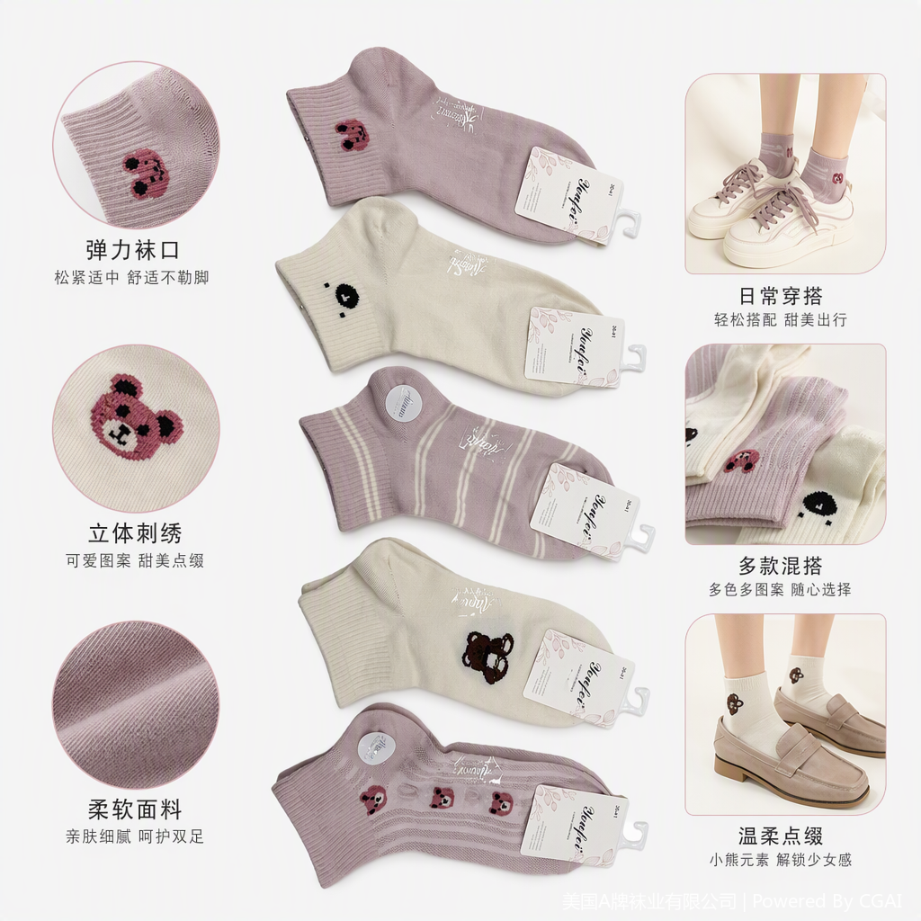 Cinco pares de calcetines de mujer rosa off-white lazo oso rayas lentejuelas decoración cómodo y versátil calcetines de tendencia
