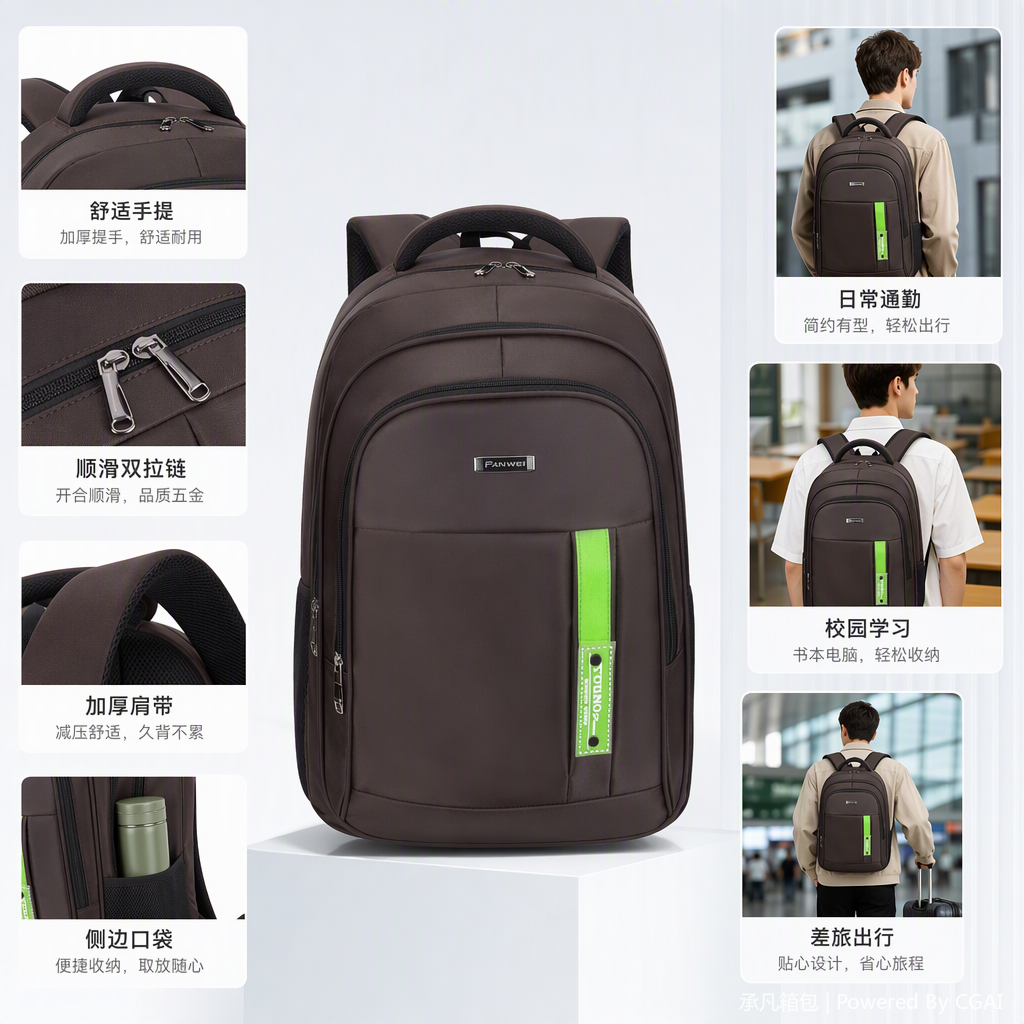 时尚多功能双肩背包男士休闲皮质旅行背包学生书包潮流百搭款白底实物图