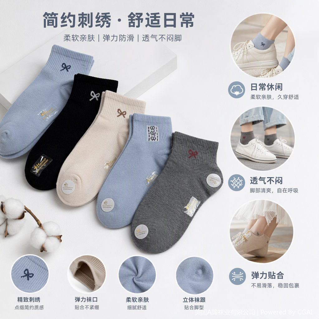 Six pairs of colorful bow-decorated women's short socks, comfortable, breathable, casual and versatile, trendy style