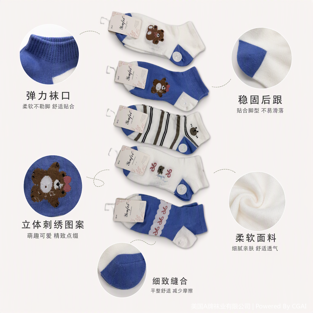 Five pairs of cute children's socks with cartoon bear patterns, breathable and comfortable. Baby socks gift box set