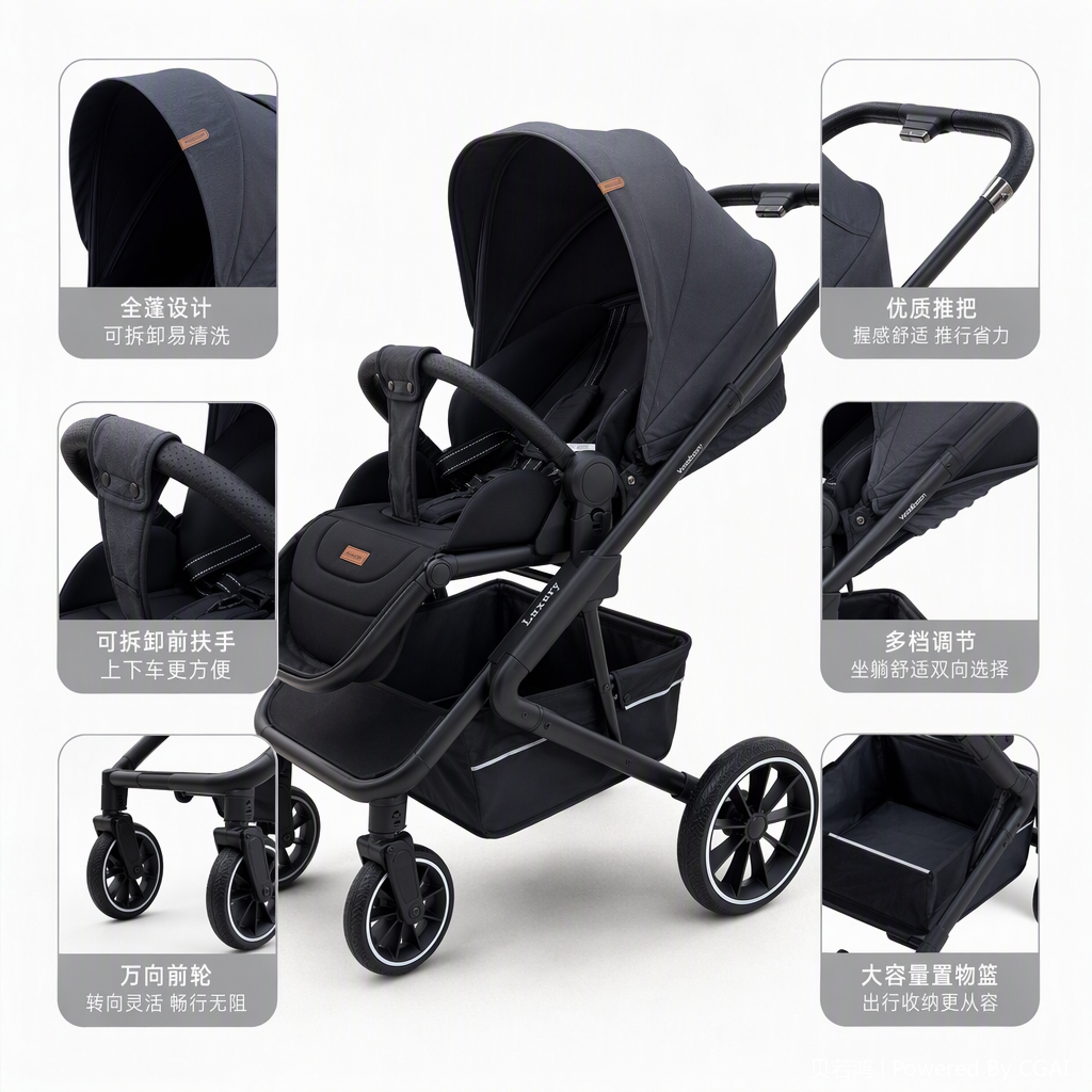 The lightweight and multi-functional baby stroller is black, portable and foldable, making it easy to push. It is a must-have for newborn babies when they go out