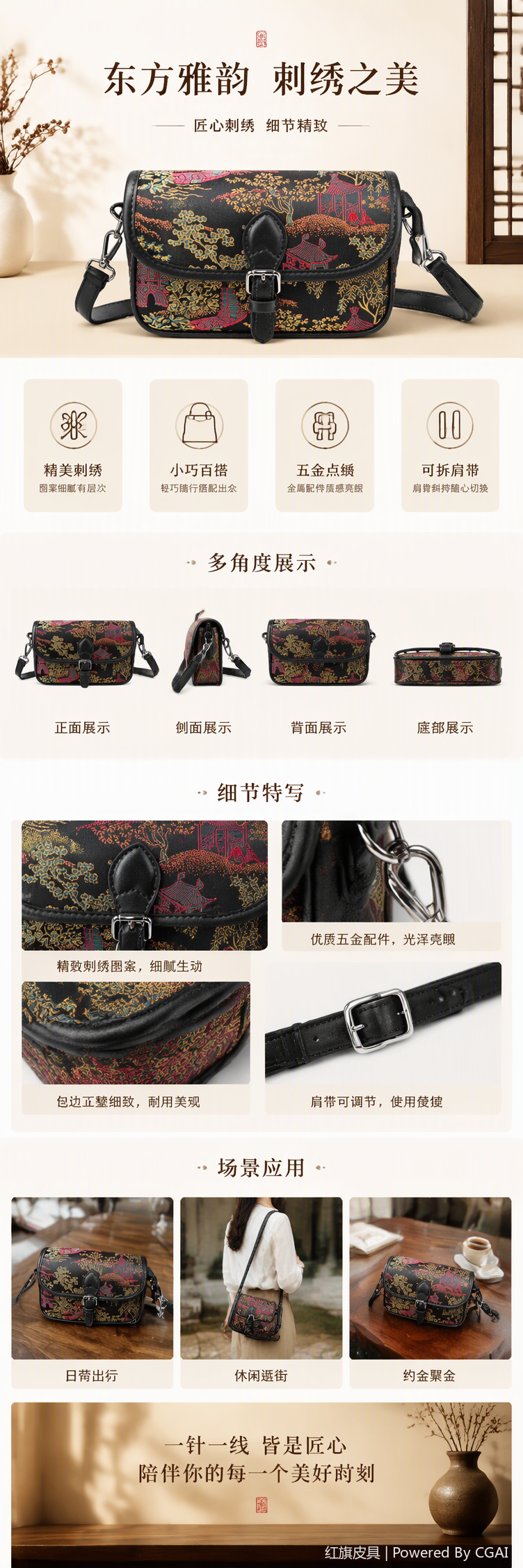 中式刺绣图案黑色小挎包手提单肩复古百搭女包潮流休闲包包详情1