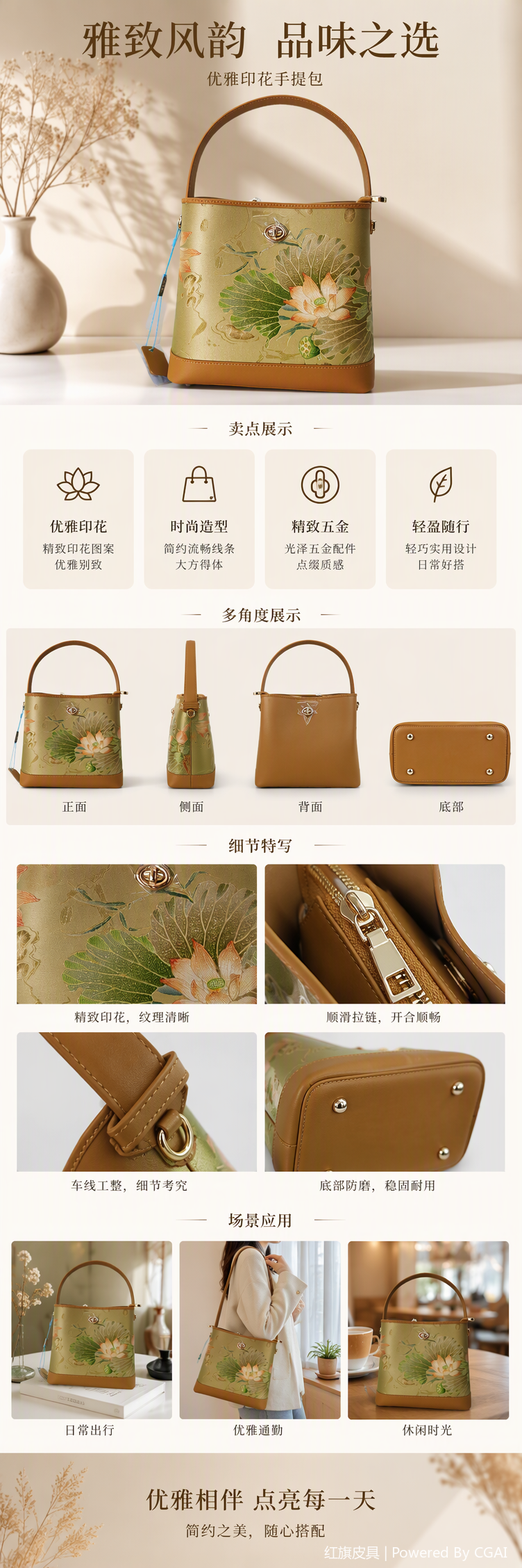 金色莲花刺绣图案手提包时尚百搭手拿包女包潮流休闲包包女士包包详情1