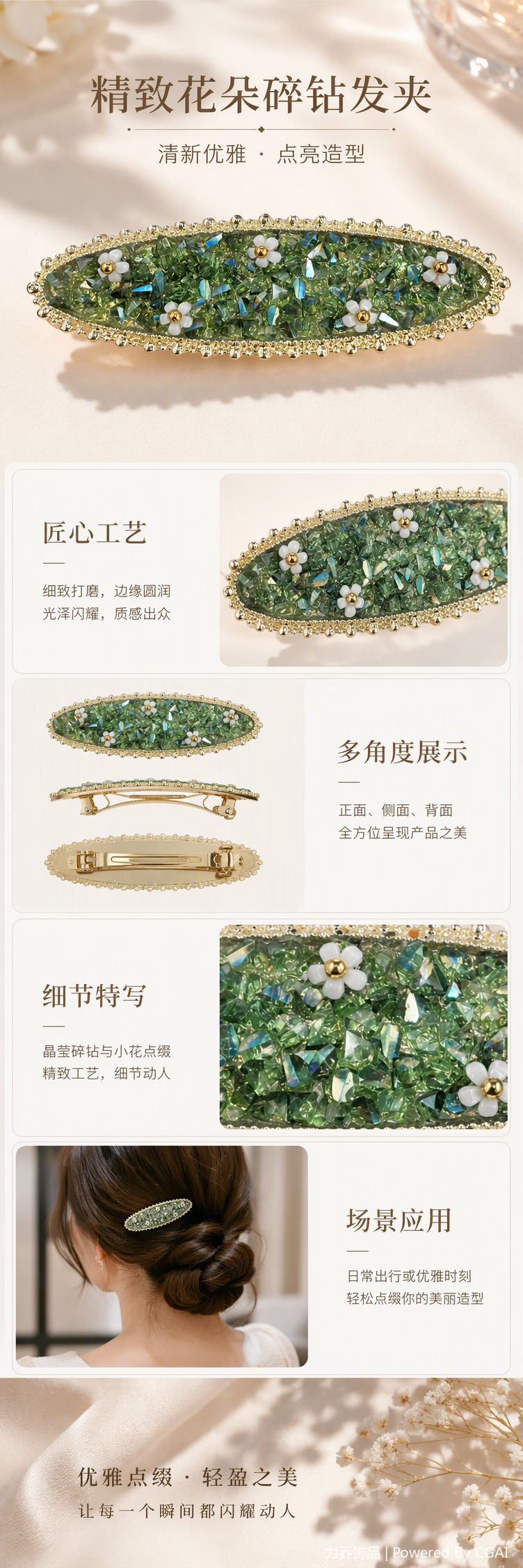 A simple and elegant hair accessory with a white floral hairpin and green crystal accents pic 1