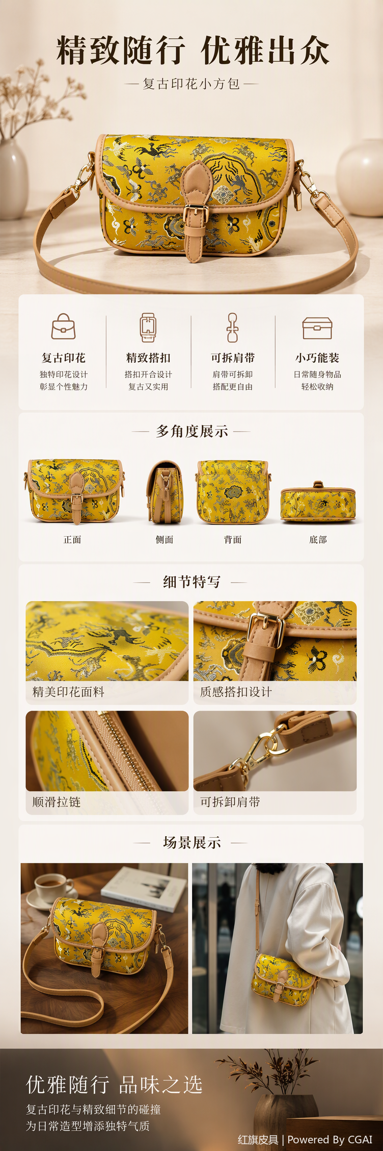 时尚斜挎包黄色织锦图案复古百搭休闲包包女包潮流单肩包详情1