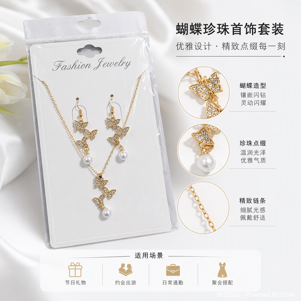 金色蝴蝶镶钻珍珠套装项链耳环时尚珠宝首饰优雅气质女款礼品赠品