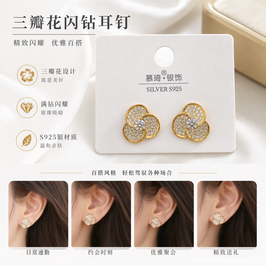 Moda oro con diamantes tres pétalos de forma de flor simple y versátil orejeras moda femenina orejeras