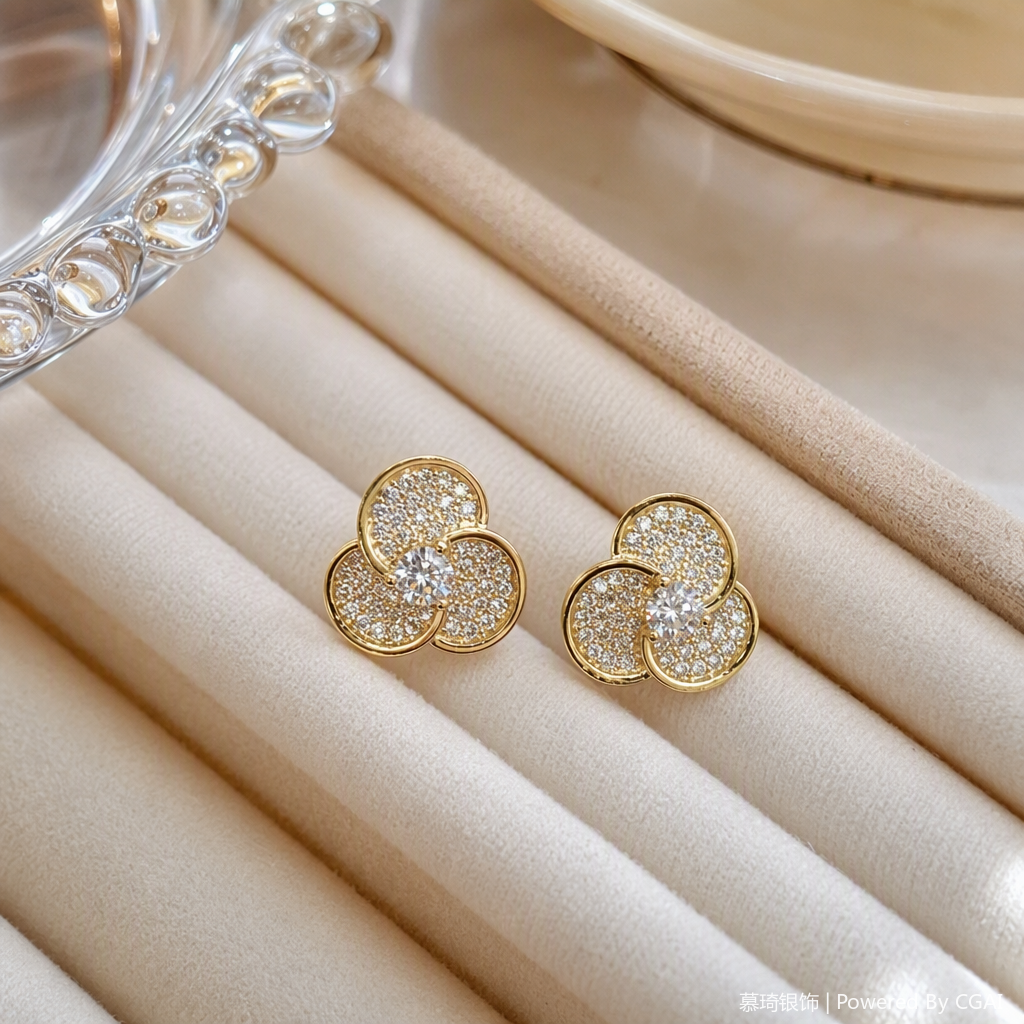 Moda oro con diamantes tres pétalos de forma de flor simple y versátil orejeras moda femenina orejeras details Picture