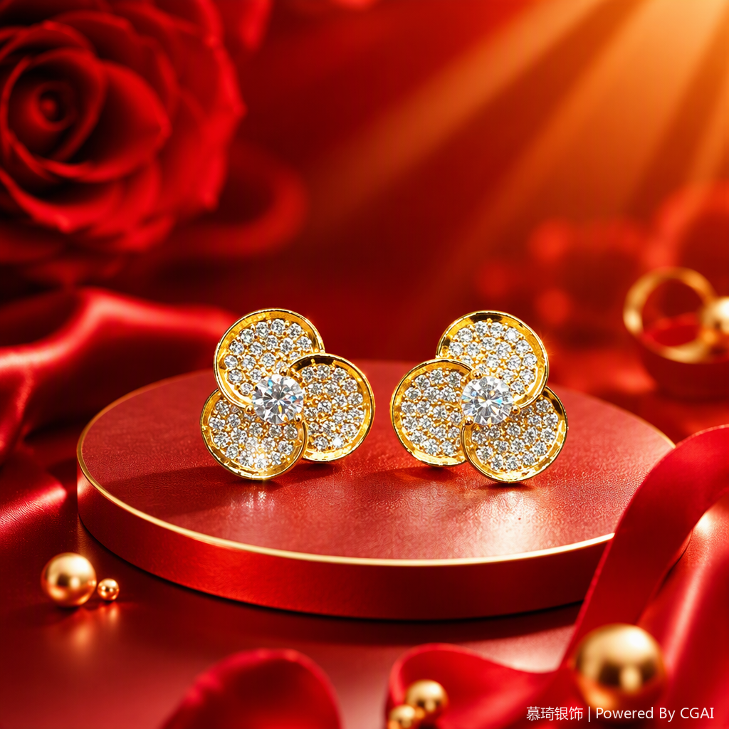 Moda oro con diamantes tres pétalos de forma de flor simple y versátil orejeras moda femenina orejeras Specification image