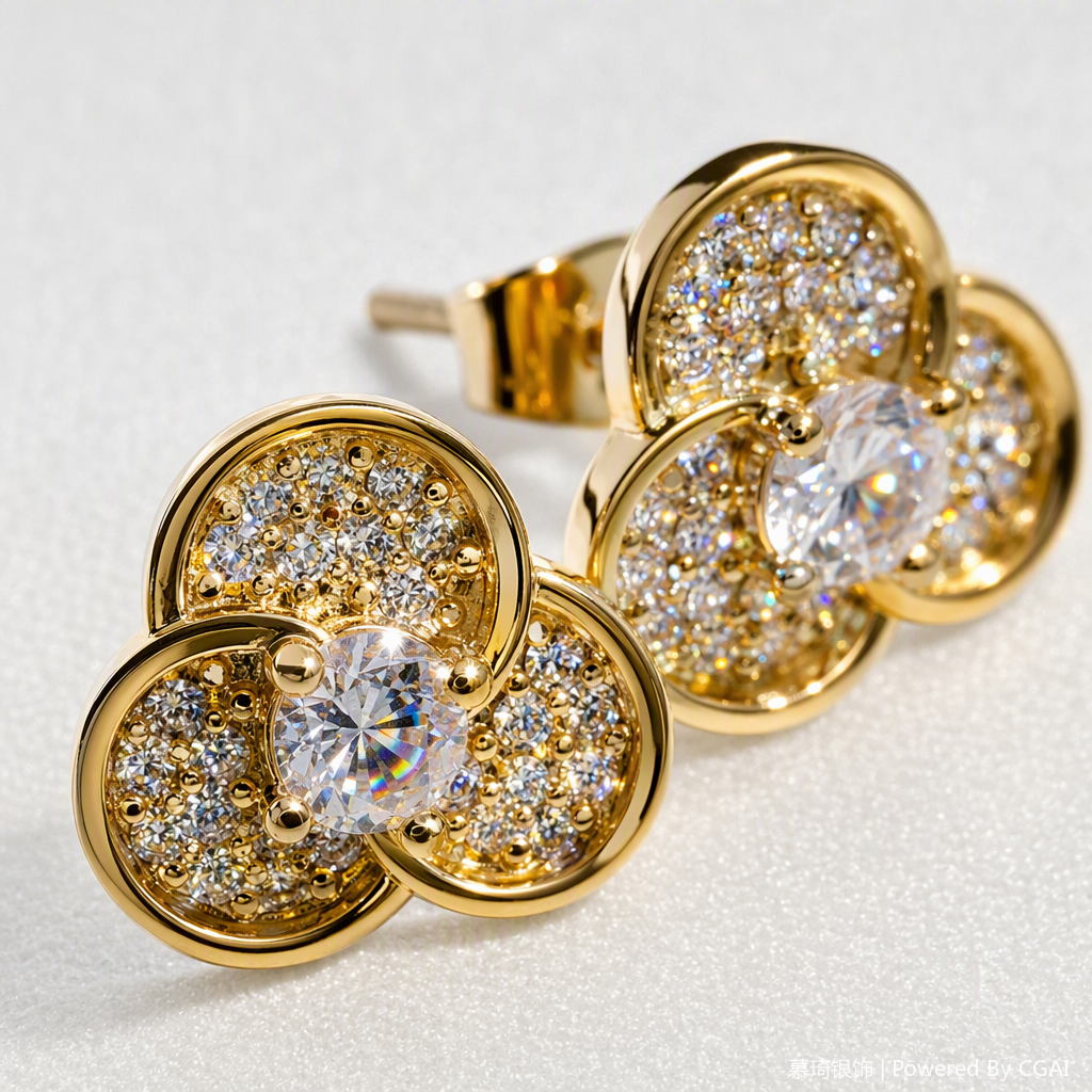 Moda oro con diamantes tres pétalos de forma de flor simple y versátil orejeras moda femenina orejeras Application Scenario
