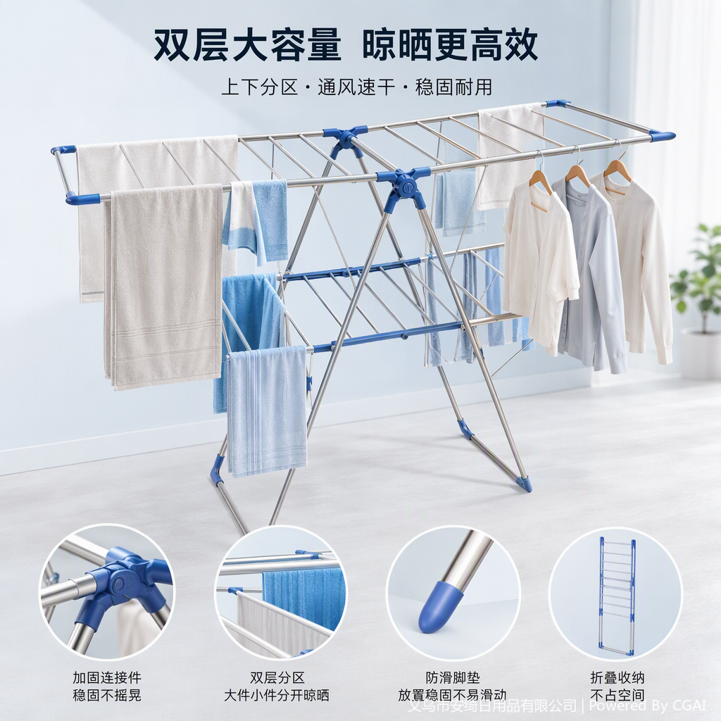 银色金属框架配蓝色塑料连接件多功能晾衣架耐用实用家用晾晒架