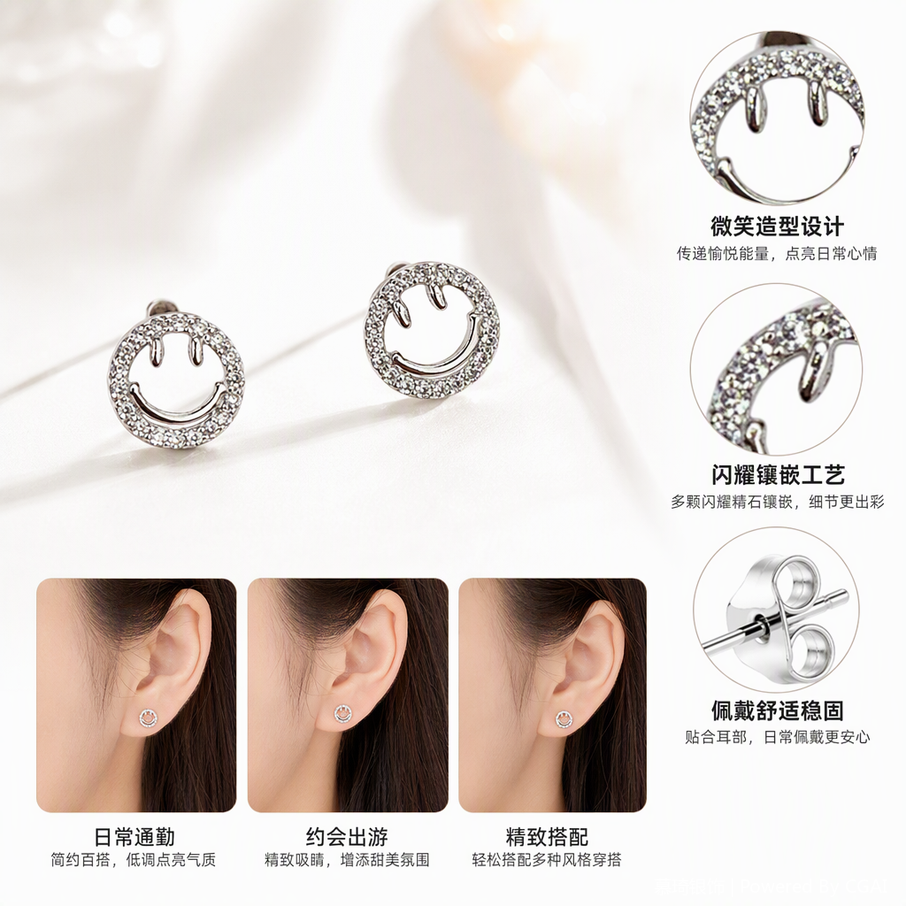 S925 joyería de plata smiley cara con diamantes pendientes de oído simple moda personalidad orejones estilo de mujer tendencia pendientes de oído regalos regalos