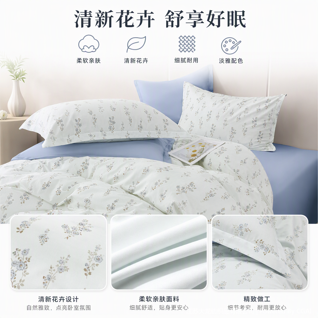 A soft and comfortable bedroom decoration set of four-piece bedding with a fresh light green background and small floral patterns in blue, gray and brown