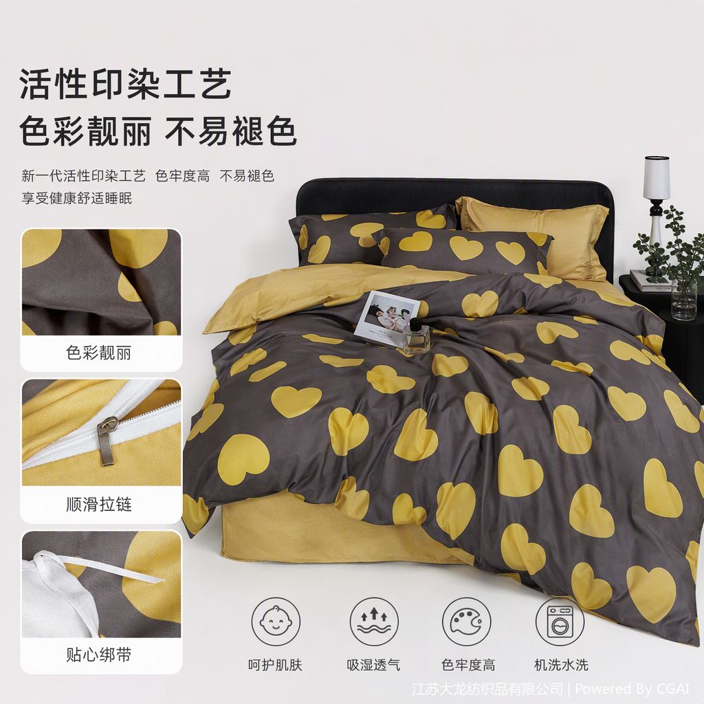 A four-piece bedding set with a grey background and yellow heart-shaped pattern, a warm and comfortable home bedding combination