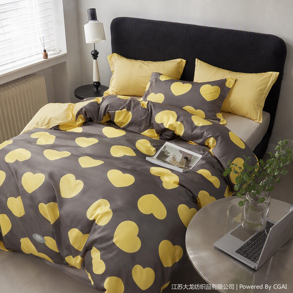 A four-piece bedding set with a grey background and yellow heart-shaped pattern, a warm and comfortable home bedding combination details Picture
