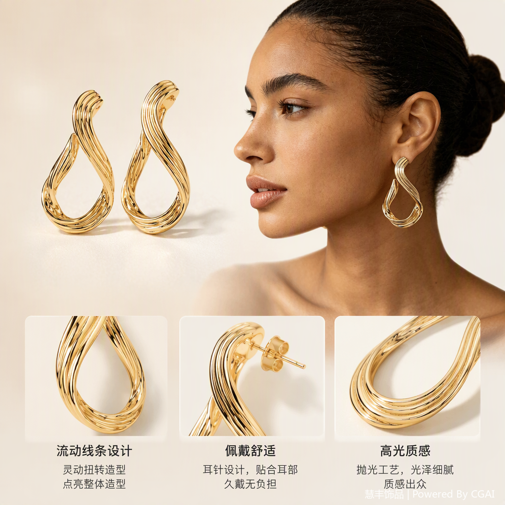 金色波浪耳环搭配女性侧脸肖像时尚耳饰简约优雅气质女款配饰