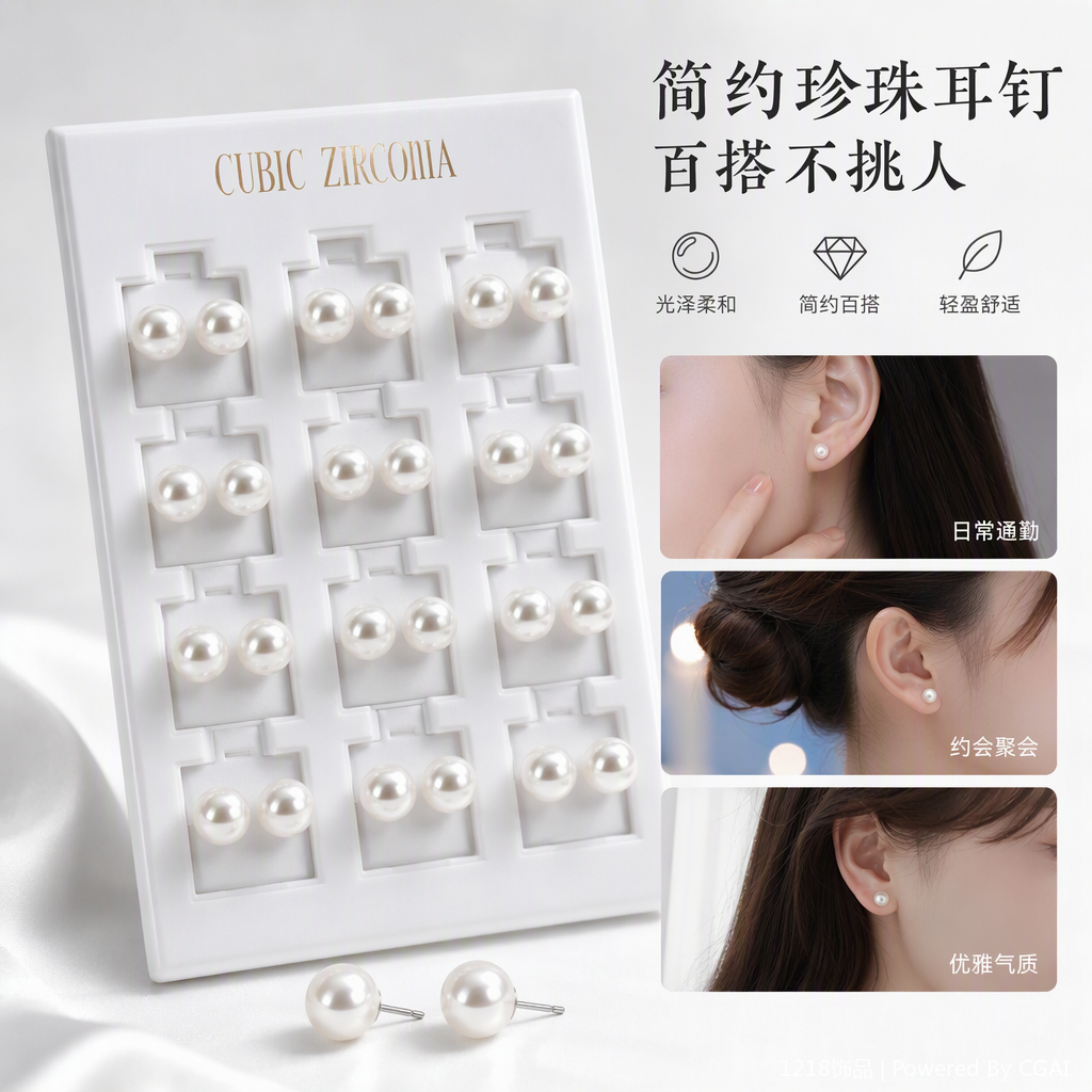 白色托盘立方氧化锆耳钉简约时尚耳饰女气质百搭饰品礼物盒包装耳饰耳钉饰品