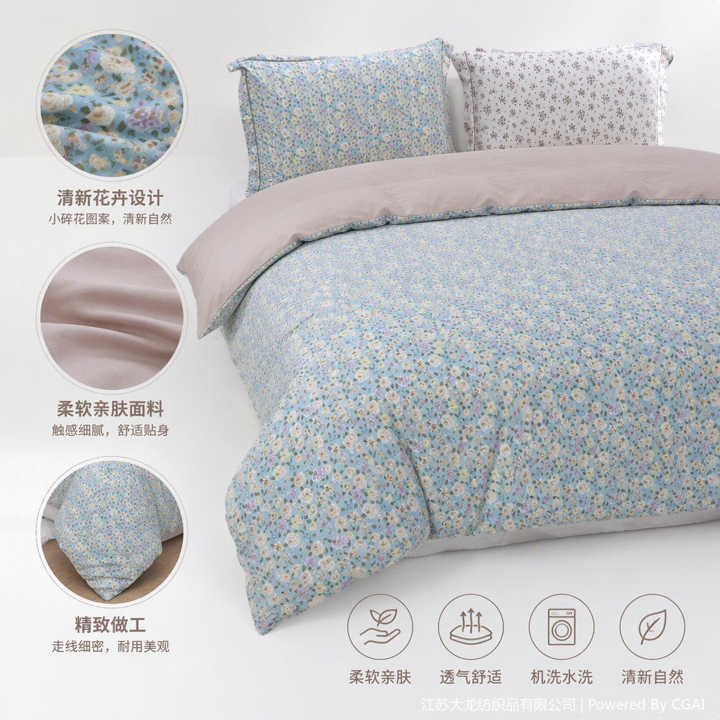 Light blue background floral pattern bedding set, soft and comfortable pure cotton bed sheet, duvet cover, bedspread set, bedroom home textile products