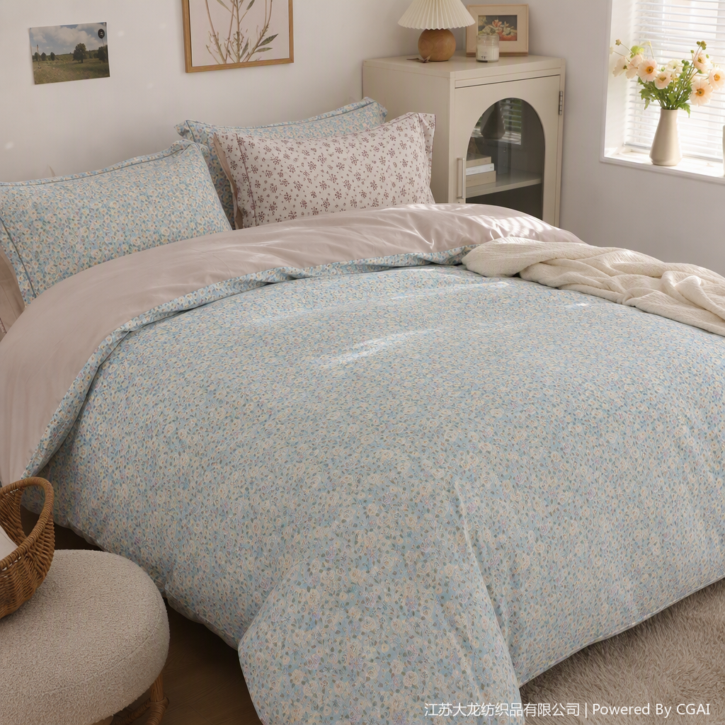 Light blue background floral pattern bedding set, soft and comfortable pure cotton bed sheet, duvet cover, bedspread set, bedroom home textile products details Picture