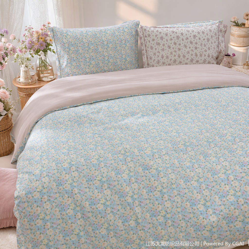 Light blue background floral pattern bedding set, soft and comfortable pure cotton bed sheet, duvet cover, bedspread set, bedroom home textile products Specification image