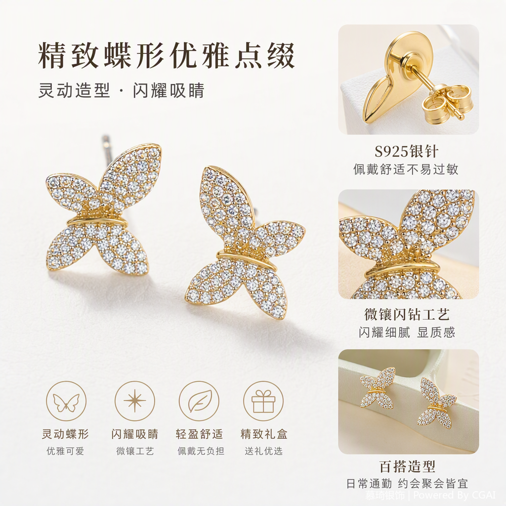 Mucci joyería de plata S925 con diamantes mariposa forma earras tarjeta estilo de moda versátil earwear para mujeres