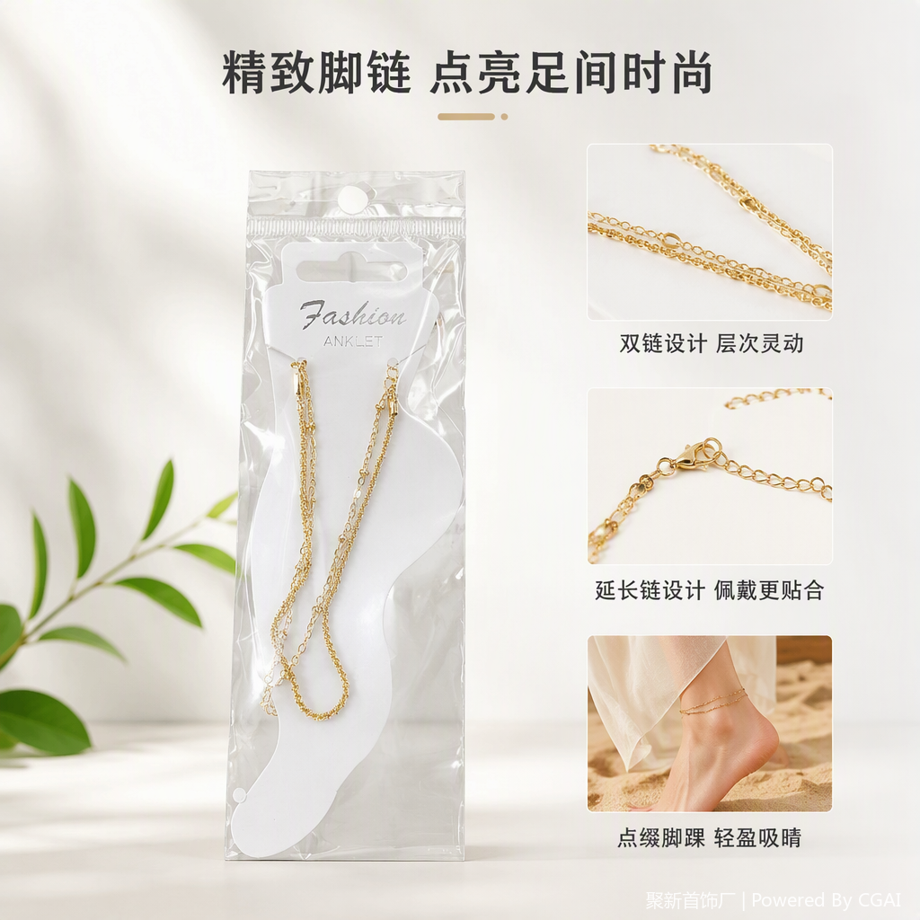 金色双层链条脚链时尚潮流脚饰包装卡赠品百搭夏季必备