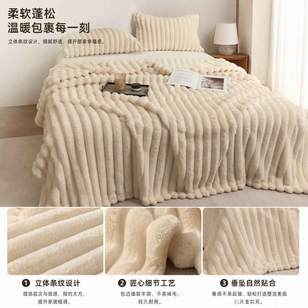 Xuege Home Textiles' off-white vertical striped plush bedding set of four pieces is a warm and comfortable autumn and winter collection