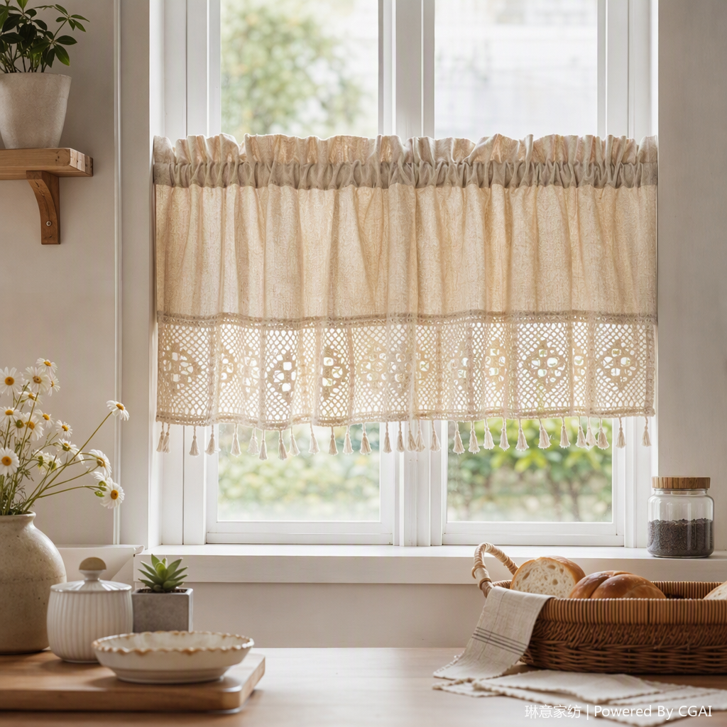 Beige lace tassel curtains, soundproof gauze curtains, curtain supplies, curtain buckles, decorative bedroom and living room blackout curtain accessories, short curtains, kitchen curtains details Picture