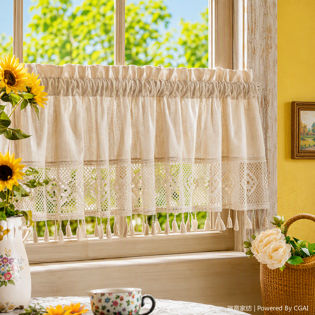 Beige lace tassel curtains, soundproof gauze curtains, curtain supplies, curtain buckles, decorative bedroom and living room blackout curtain accessories, short curtains, kitchen curtains Specification image