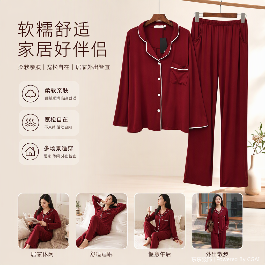 时尚酒红色休闲睡衣套装柔软舒适家居服女士秋冬款情侣款宽松睡衣套装