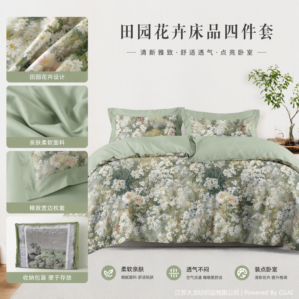 Green floral pattern four-piece bedding set, pure cotton bed sheet, quilt cover, bedspread set, fresh bedroom decoration