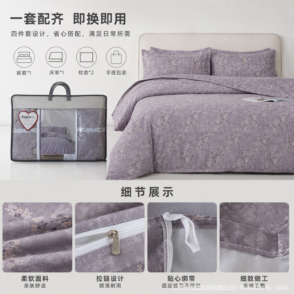 Elegant grey floral pattern four-piece bedding set, simple and fashionable bedding, home bedspread, bed sheet and duvet cover combination