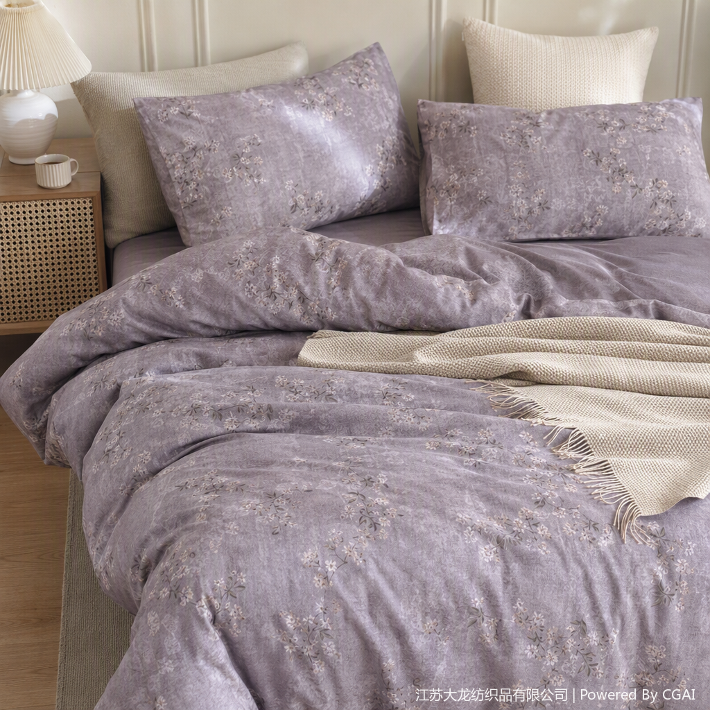 Elegant grey floral pattern four-piece bedding set, simple and fashionable bedding, home bedspread, bed sheet and duvet cover combination details Picture