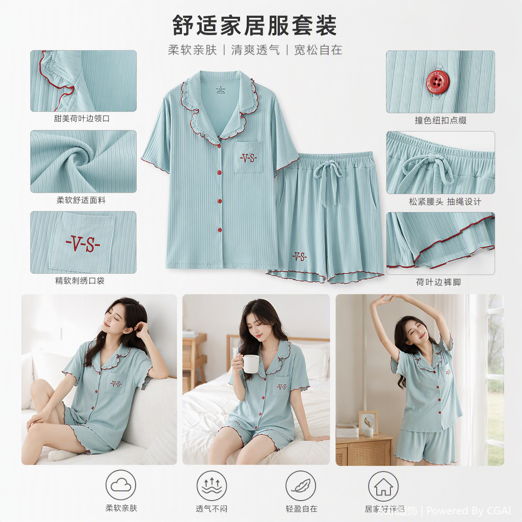 舒适休闲浅蓝色条纹睡衣套装柔软透气家居服情侣款春夏款