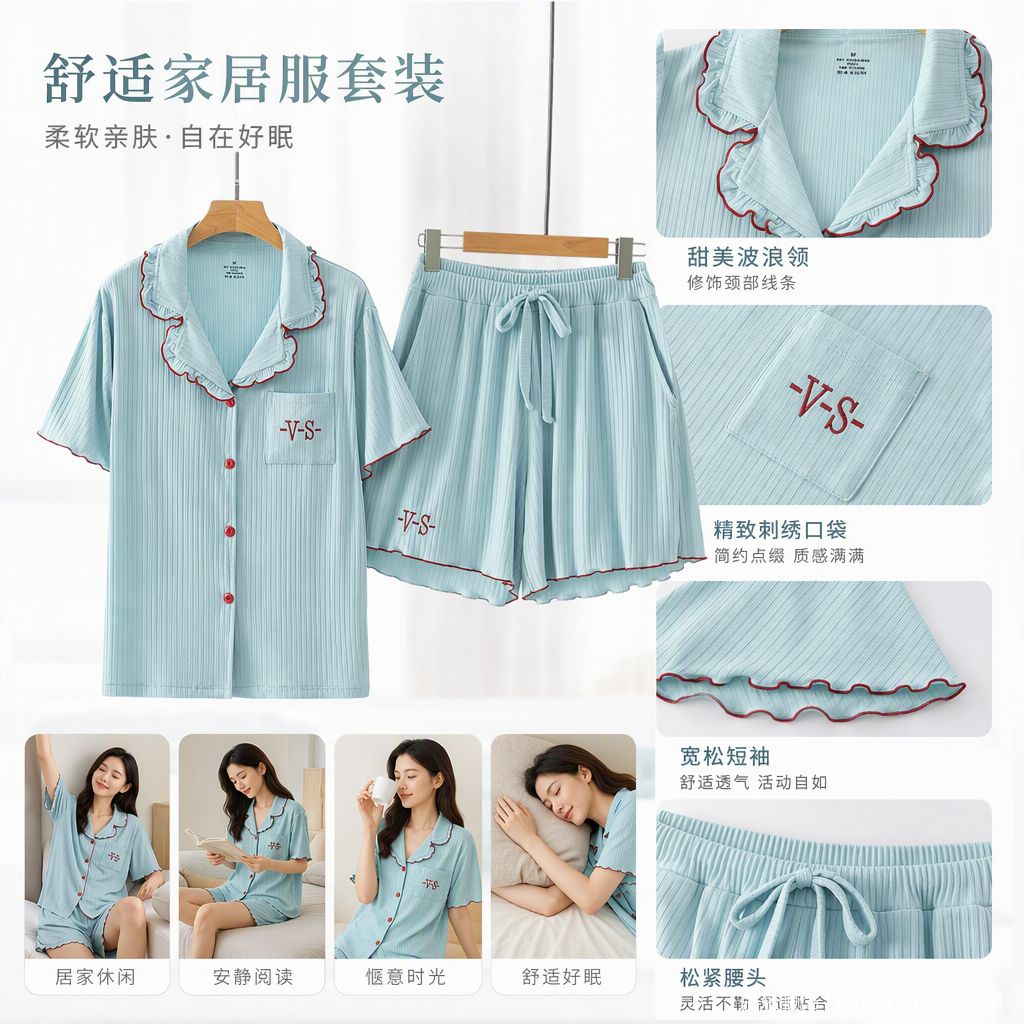 舒适休闲浅蓝色条纹睡衣套装柔软透气男女款家居服睡眠服夏季新品